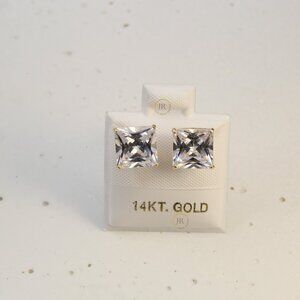 14K Solid Gold Earrings · Clear Square-Cut Cubic Zirconia · 8 mm